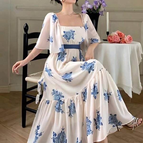 Elegant Blue Floral Chiffon Maxi Dress