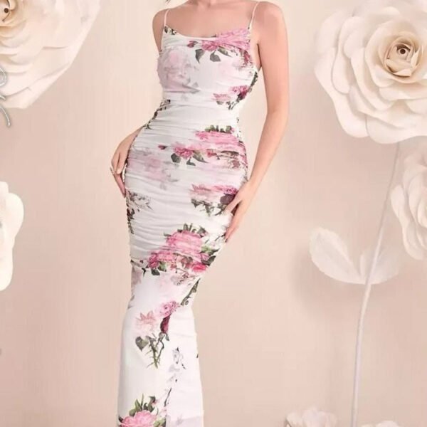 Elegant Floral Ruched Bodycon Maxi Dress