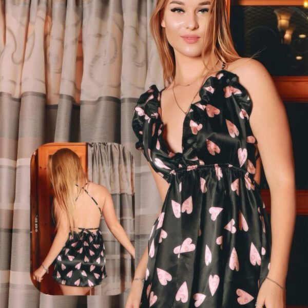 Heart Print Satin Ruffle Babydoll