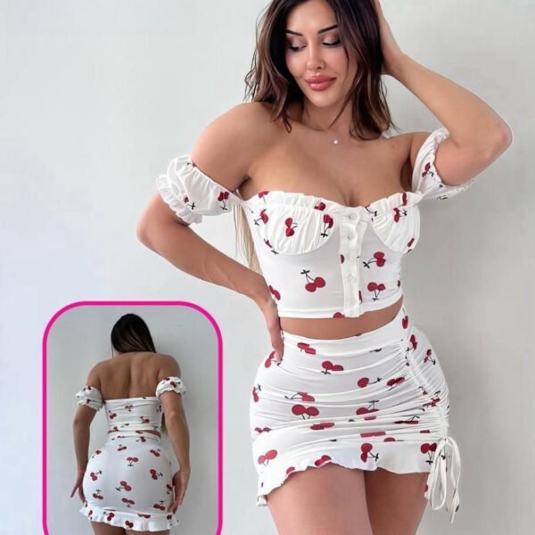 Cherry Print Ruched Two-Piece Set