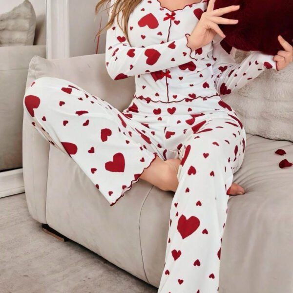 Heart Print Lettuce Trim Pajama Set