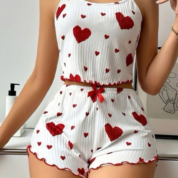 Heart Print Rib-Knit Pajama Set