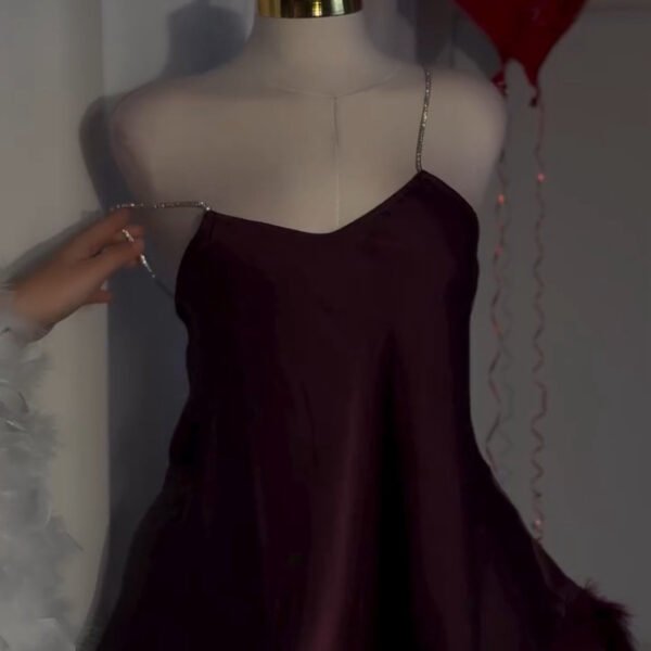 Elegant Burgundy Satin Chemise with Feather Trim