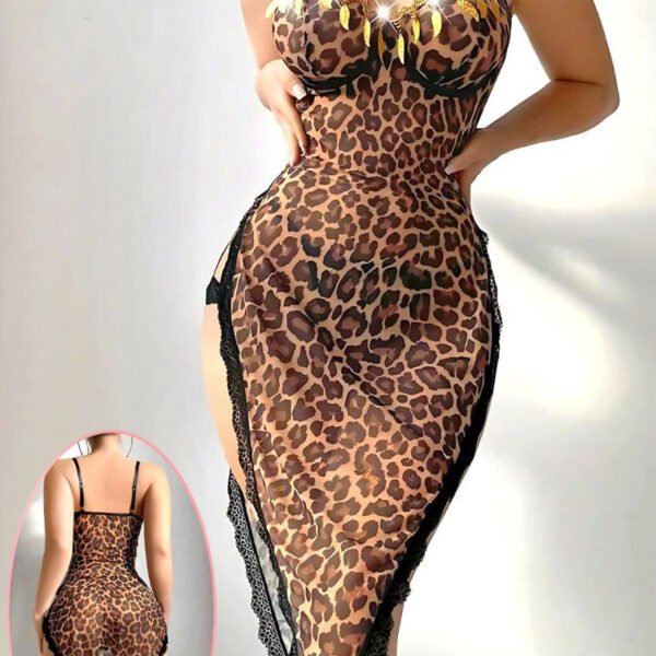 Leopard Print Lace-Trim Asymmetric Lingerie Dress