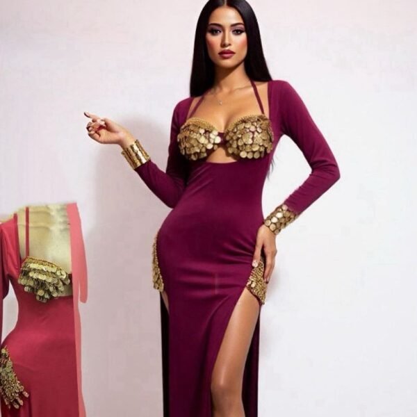 Elegant Plum Coins Embellished Maxi Dress