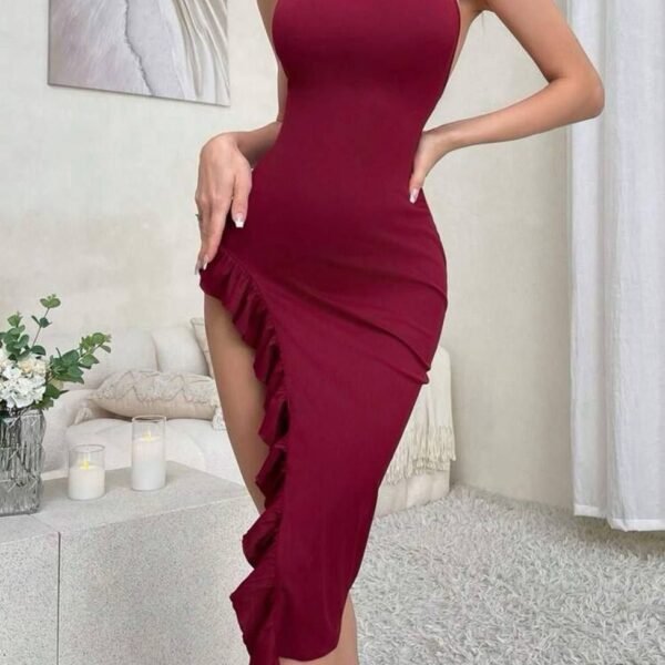 Elegant Ruffled High-Slit Midi Dress