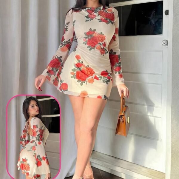 Floral Mesh Mini Dress with Open Back