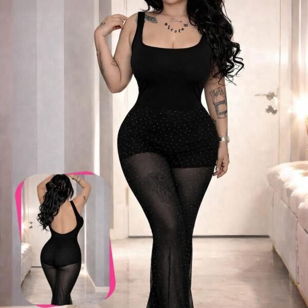Elegant Sparkly Mesh Flare Jumpsuit – Black