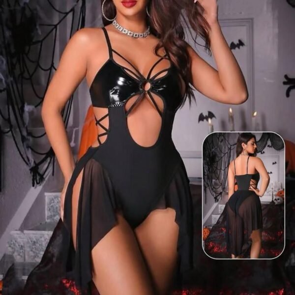 Gothic Glamour Black Lace-Up Bodysuit with Sheer Chiffon Skirt Overlays