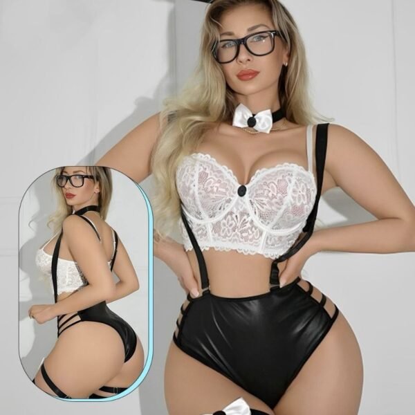 Chic White Lace & Faux Leather Bunny Cosplay Set