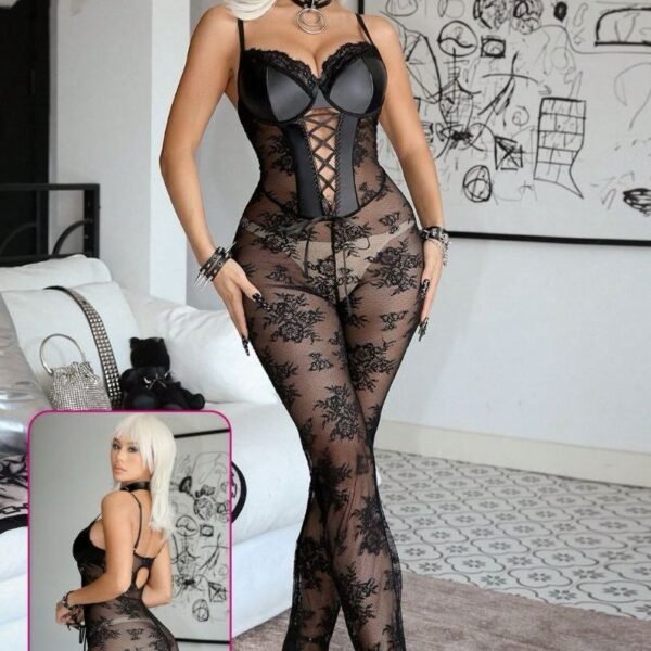 Lace Floral Sheer Jumpsuit with Faux Leather Corset Detail
