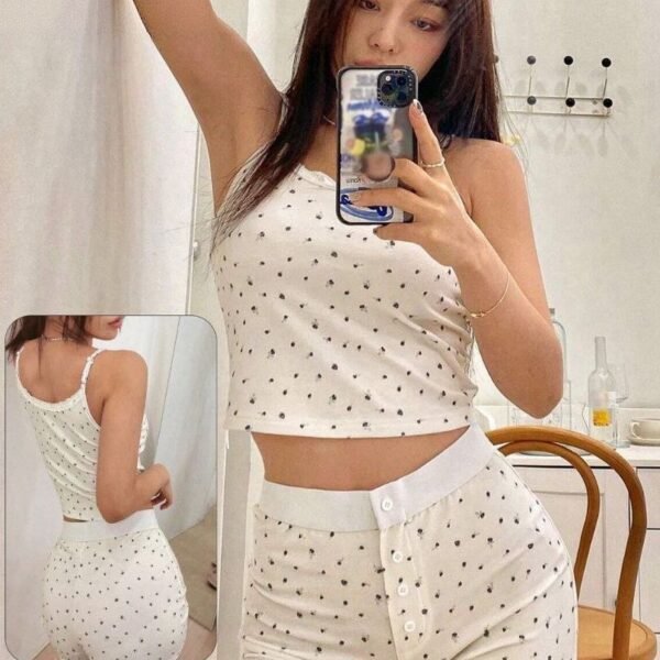 Vintage-Inspired Polka Dot Ribbed Loungewear Set