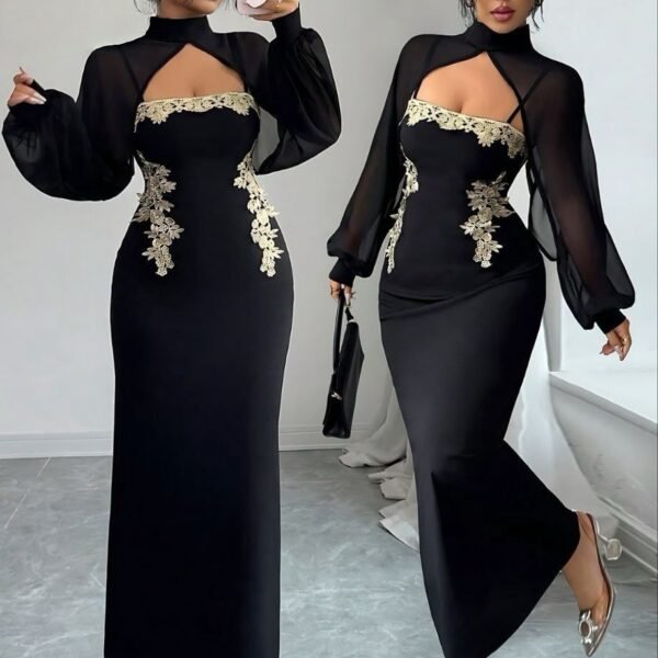 Elegant Black Maxi Dress with Gold Lace Appliqué