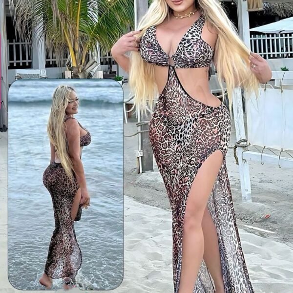 Leopard Print High-Slit Maxi Beach Dress