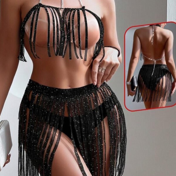 Black Rhinestone Fringe Two-Piece Set