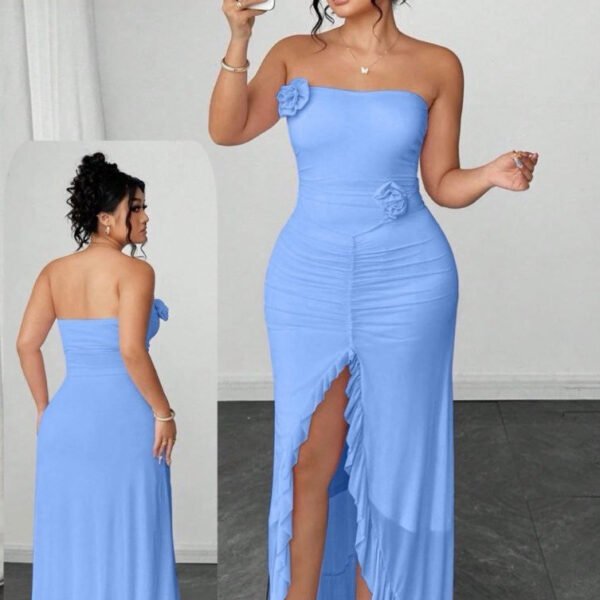 Elegant Periwinkle Strapless Rosette Maxi Dress