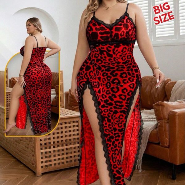 Plus Size Leopard Print Lace-Trim Nightgown - Sexy High-Slit Sleepwear