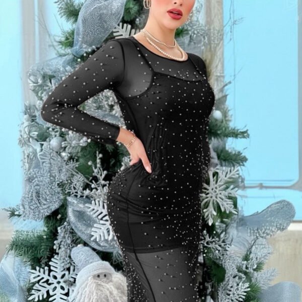 Elegant Pearl-Embellished Mesh Dress