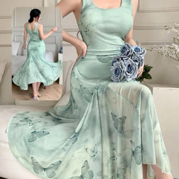 Elegant Sage Green Butterfly Print Midi Dress