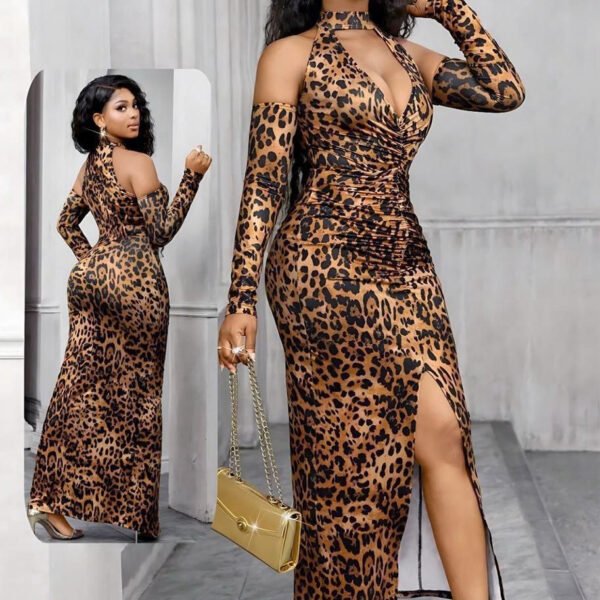 Leopard Print Ruched Maxi Dress