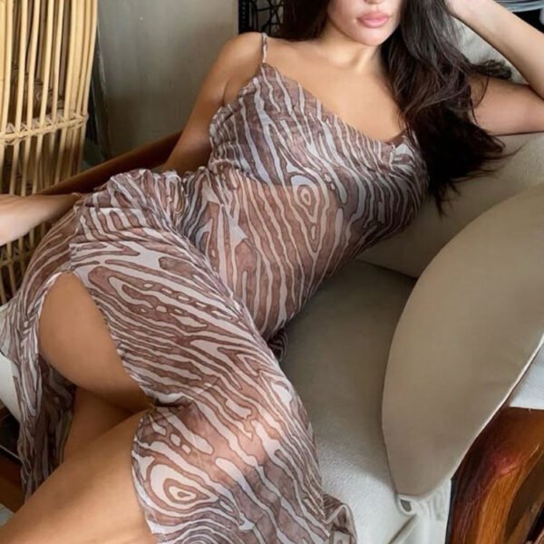 Abstract Woodgrain Print Mesh Midi Dress