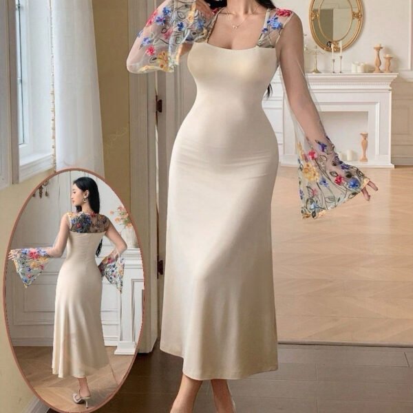 Floral Embroidered Mesh-Sleeve Maxi Dress