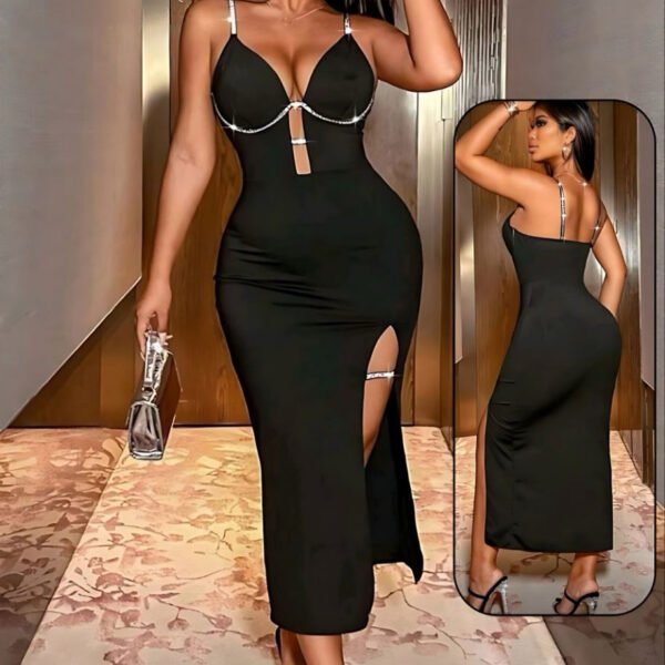 Elegant Crystal-Trimmed Black Maxi Dress