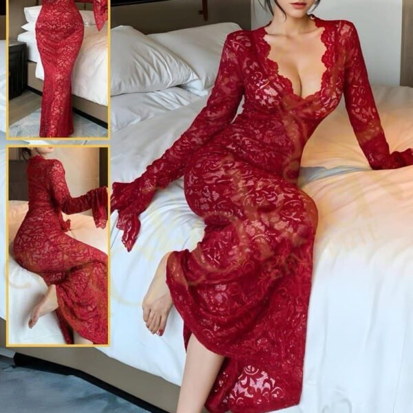 Elegant Deep Red Lace Maxi Gown