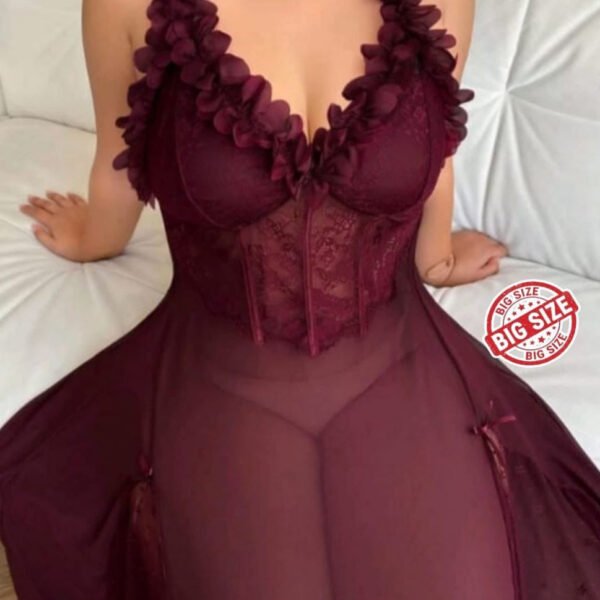 Elegant Burgundy Lace & Mesh Long Nightdress