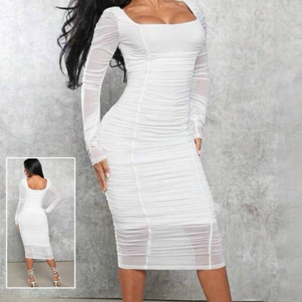Seraphina White Ruched Mesh Midi Dress