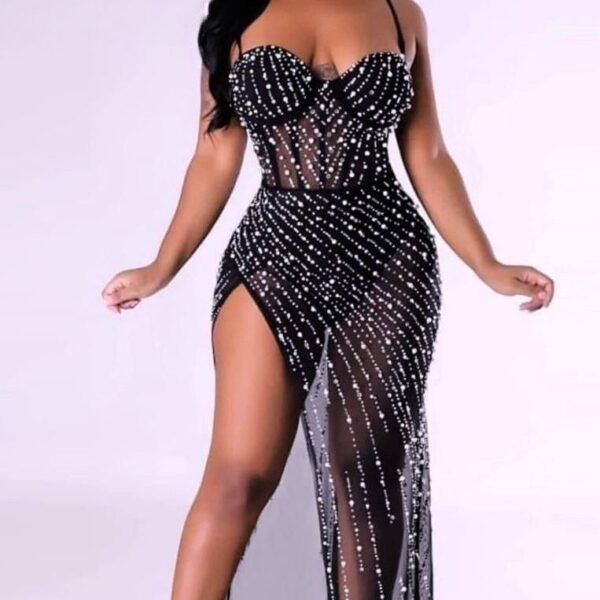 Sparkling Pearl-Embellished Mesh Maxi Dress