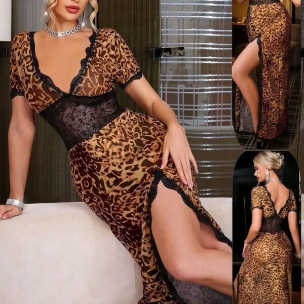 Leopard Print Lace-Trim Maxi Dress