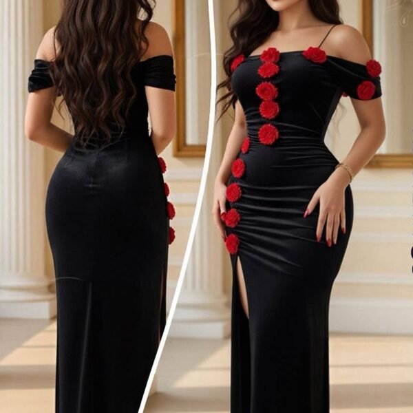 Floral-Accented Velvet Off-the-Shoulder Evening Gown