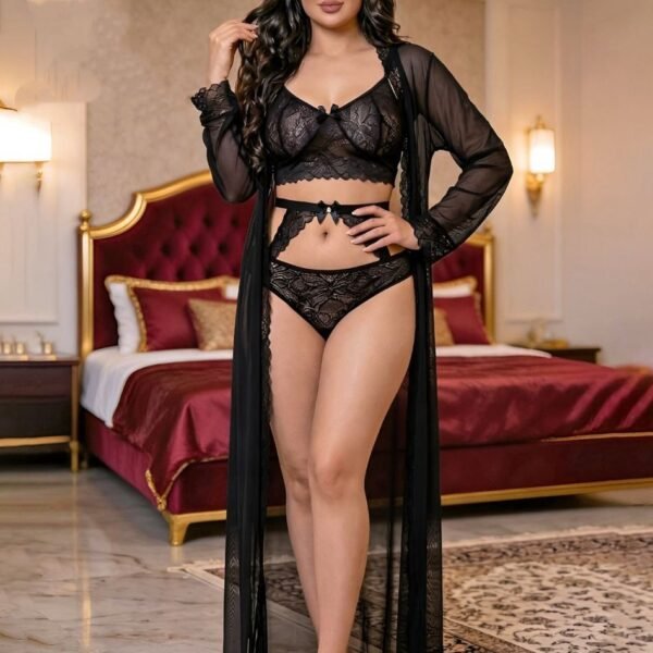 Elegant Lace Lingerie & Robe Set - Midnight Blac