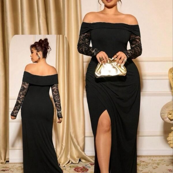 Elegant Off-Shoulder Lace-Sleeve Evening Gown