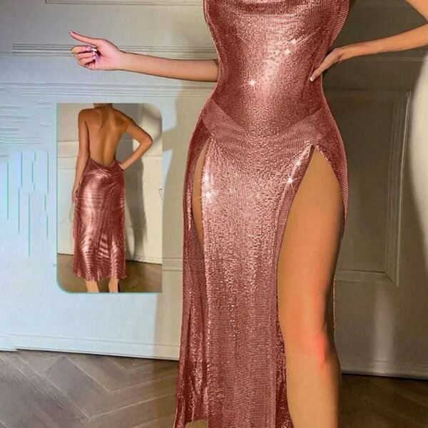 Glistening Rose Gold Metallic Chainmail Maxi Dress with Dual High Slits