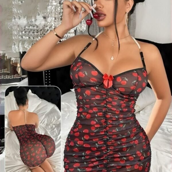 Cherry Print Ruched Mesh Bodycon Mini Dress