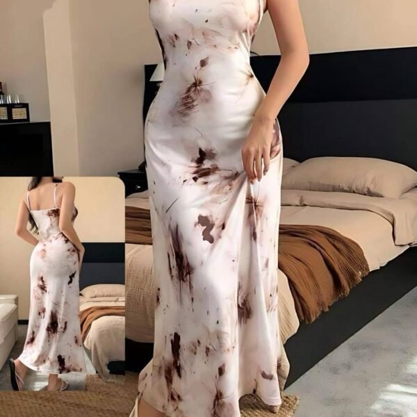 Ethereal Marble Print Satin Maxi Dress – Floral Abstract Slip Dress