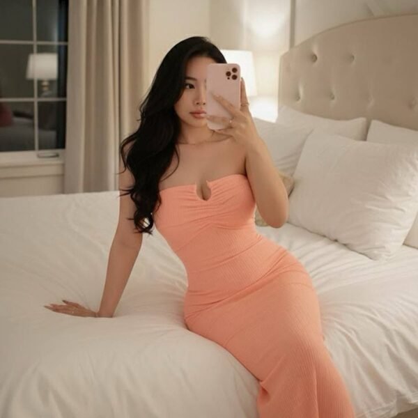 Elegant Ribbed Strapless Maxi Dress – Peach Pink