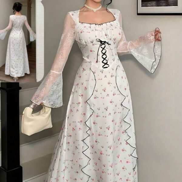 Elegant Floral Lace-Sleeve Maxi Dress