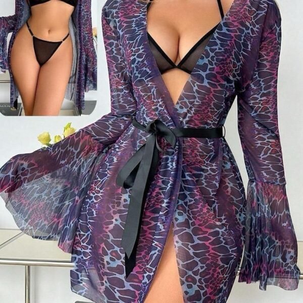 Elegant 3-Piece Mesh Lingerie & Robe Set