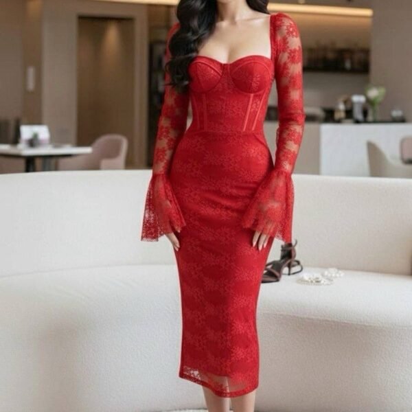 Elegant Lace Corset Midi Dress with Flared Sleeves