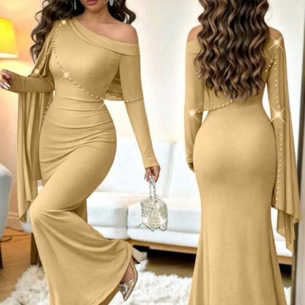 Elegant One-Shoulder Pearl-Embellished Evening Gown