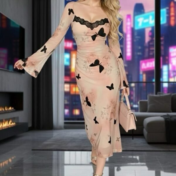 Floral Butterfly Print Midi Dress with Lace Trim