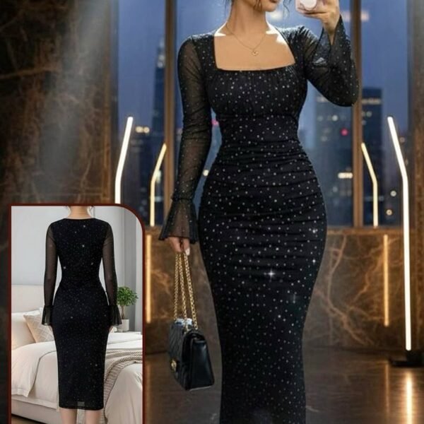 Elegant Square-Neck Glitter Mesh Bodycon Midi Dress with Flared Sleeves