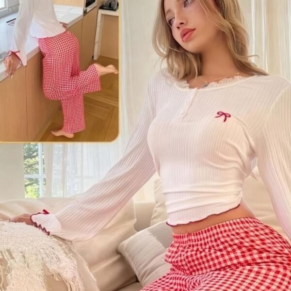 Red Gingham & Ribbed White Lounge Set