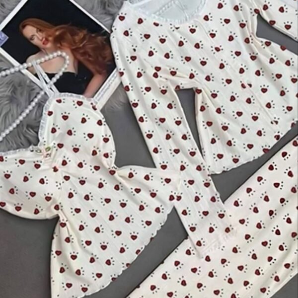 Charming 3-Piece Heart Print Loungewear & Pajama Set
