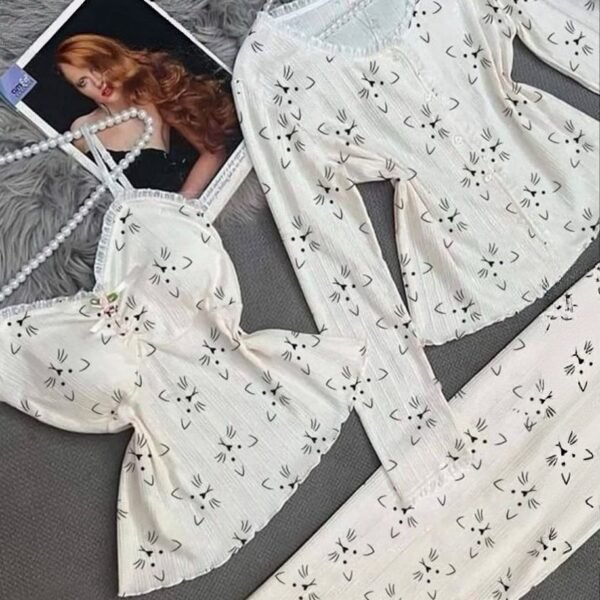 Adorable 3-Piece Cat Print Loungewear Set