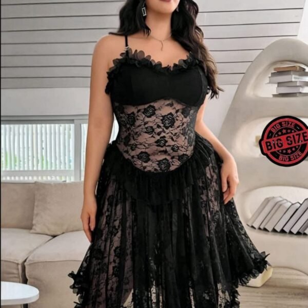 Floral Lace Corset-Style Midi Dress in Midnight Black