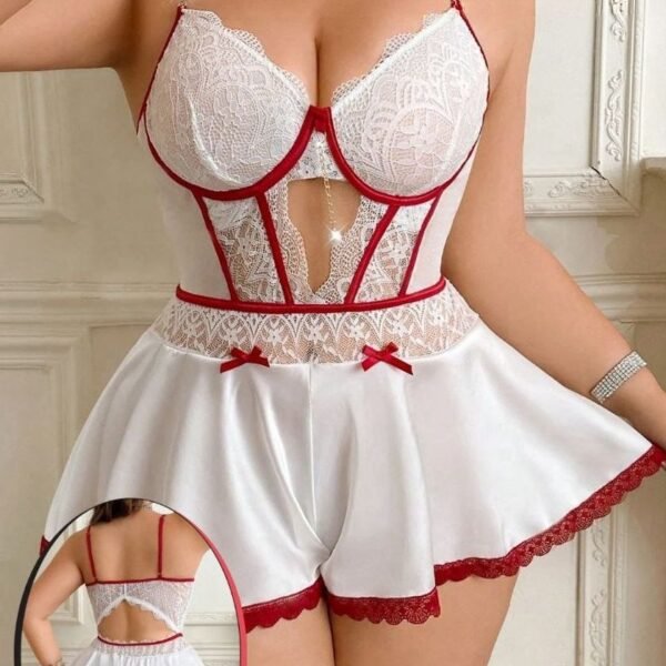 Elegant Lace and Satin Romper Lingerie – White with Red Contrast Trim